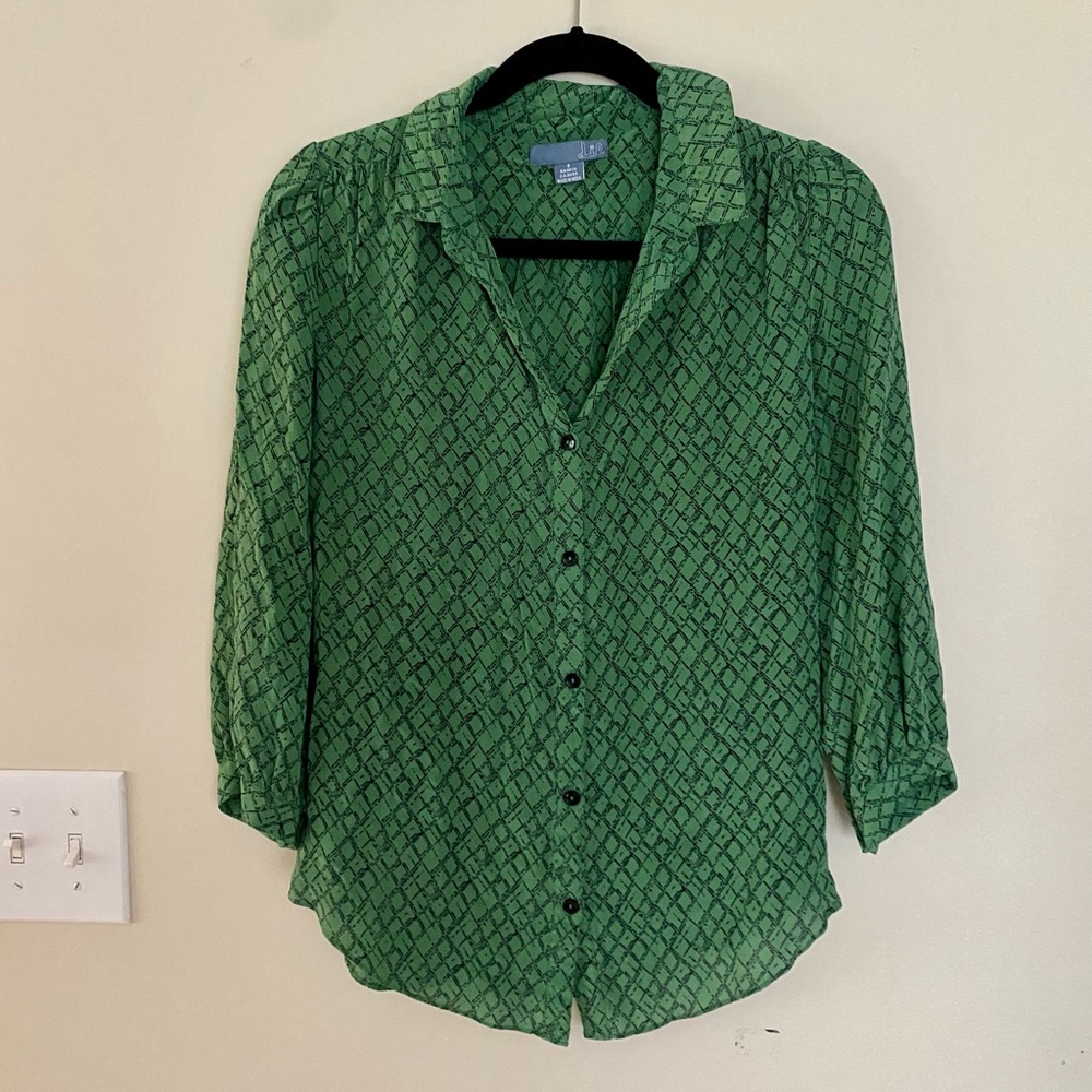 Anthropologie Lil Sz 2 Green Black Silk Button Down Shirt